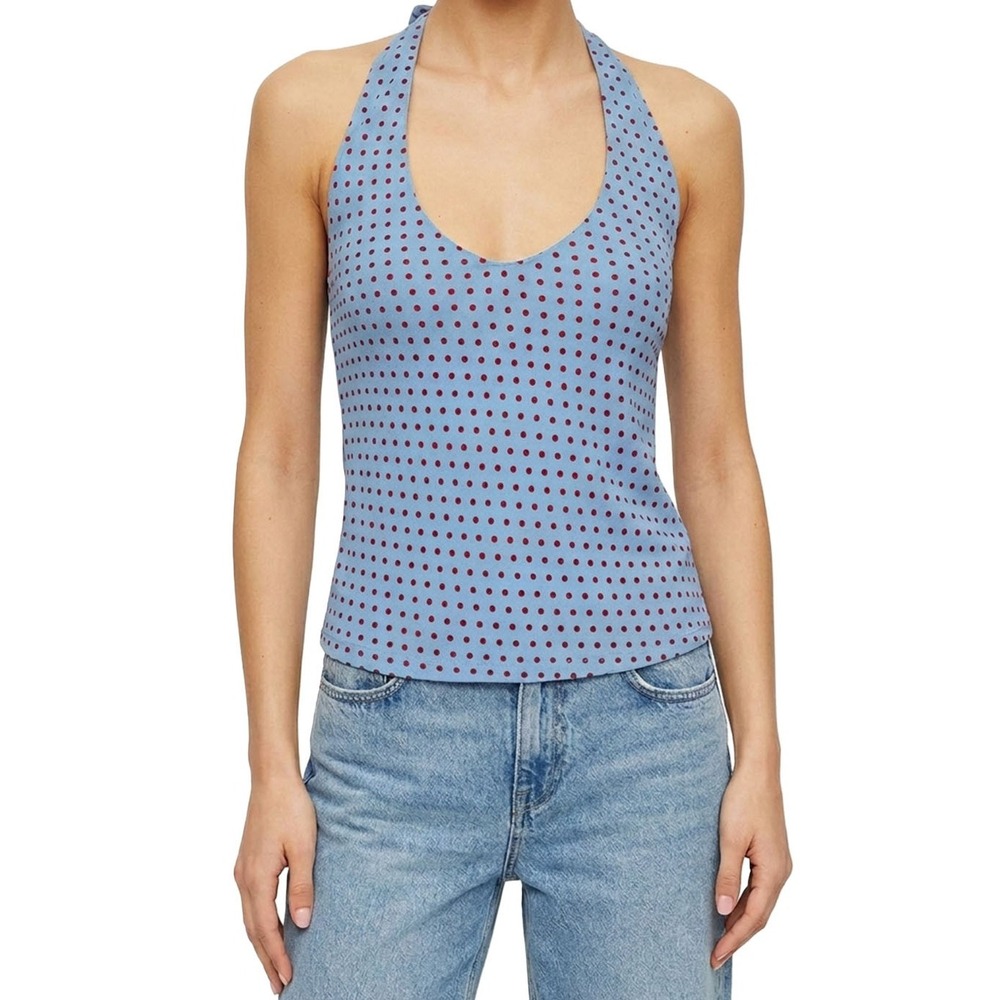 Reformation Kylo Top Summertime Dot Blue Red Polka Dot Halter Top Open Back S